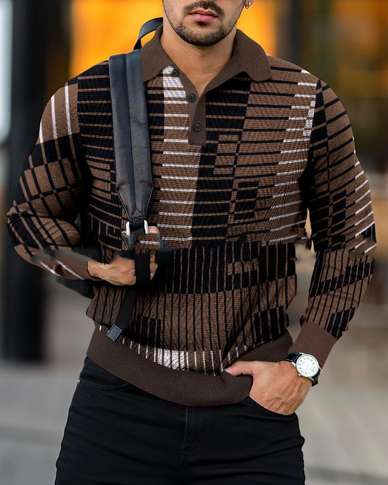 Suéter casual con estampado digital y solapa para hombre