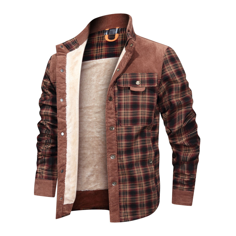 Thickened Shirt Jacket With Classic Plaid Fuzzy Fleece Lining