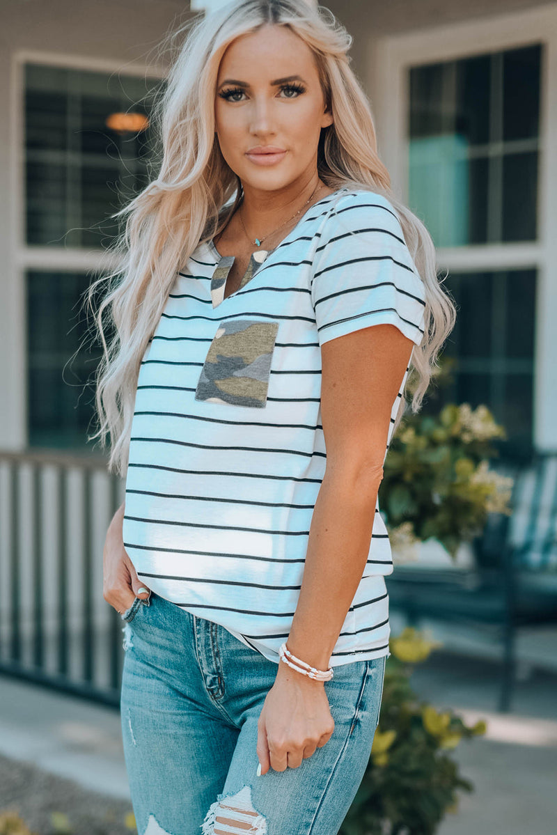 Striped Notched Neck T-Shirt