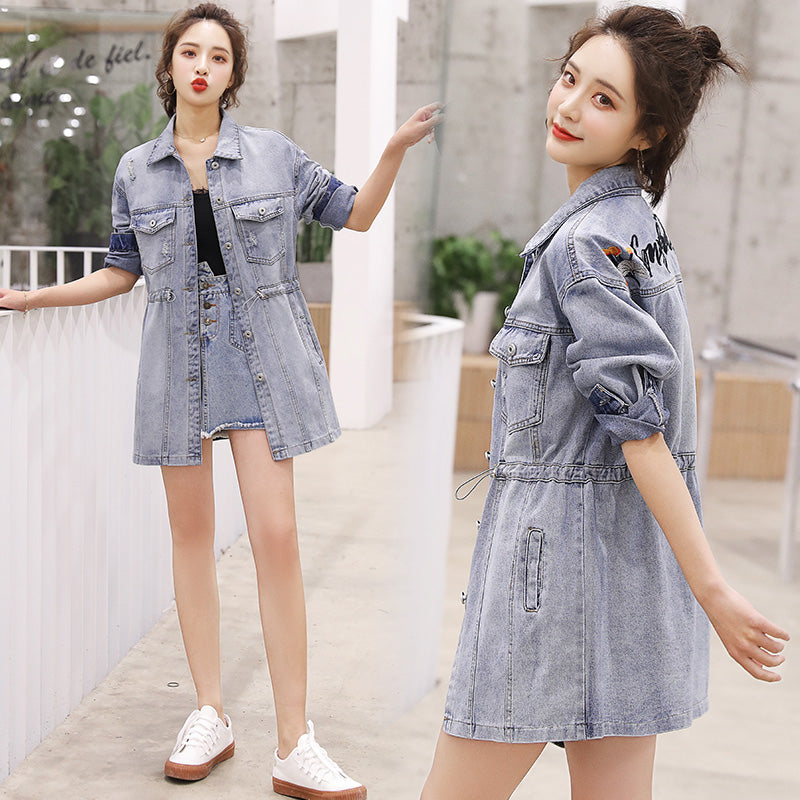 Long Embroidery Spring Denim Jacket