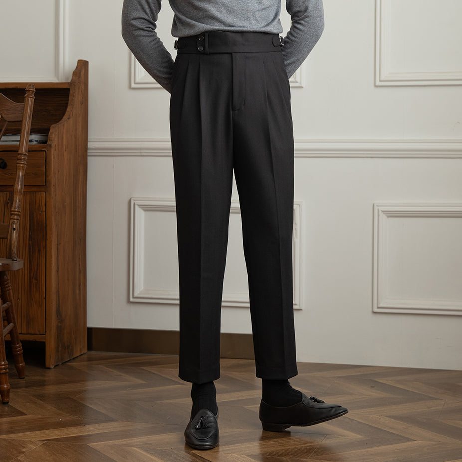 Tuscany Herringbone Wool Blend Double Pleated Trousers