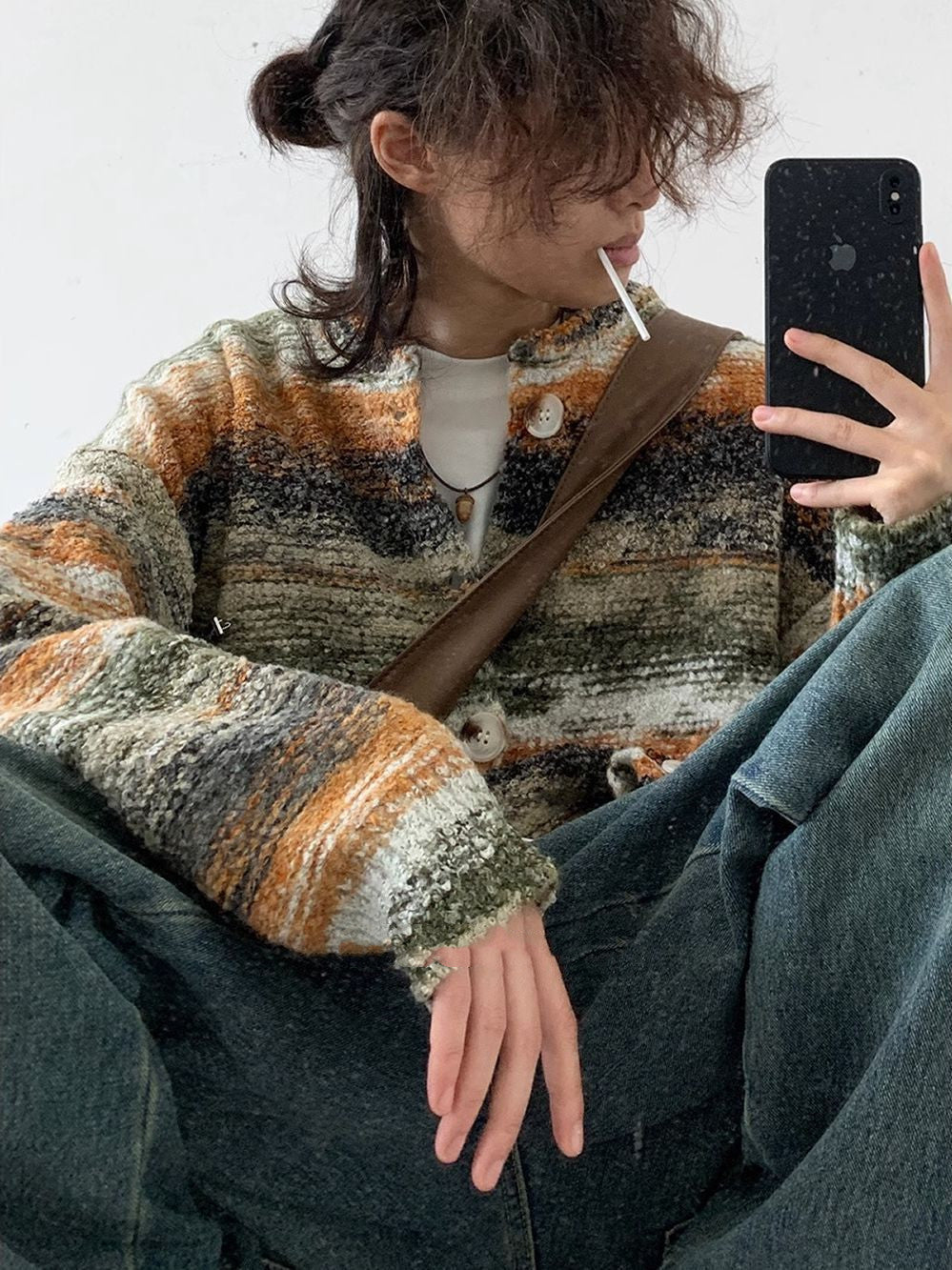 Cardigan lavorato a maglia in stile Harajuku giapponese da strada con maglione sfumato