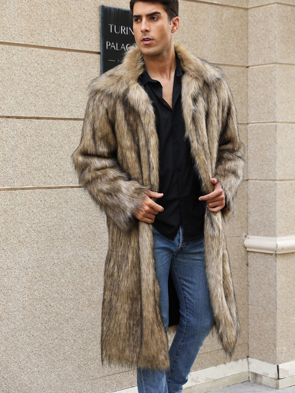 Yellow Lapel Imitation Fox Fur Men's Long Coat