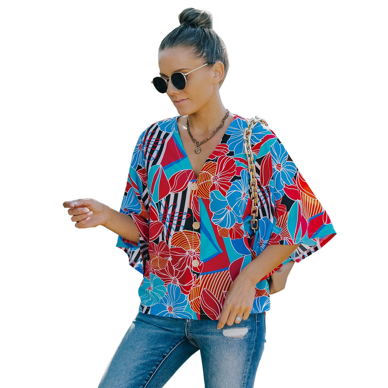 European And American Women's Five-quarter Sleeve Loose Floral Shirt