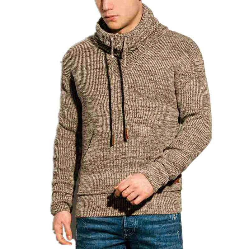 Men's Drawstring Stand Collar Knit Long Sleeve Outer Sweater