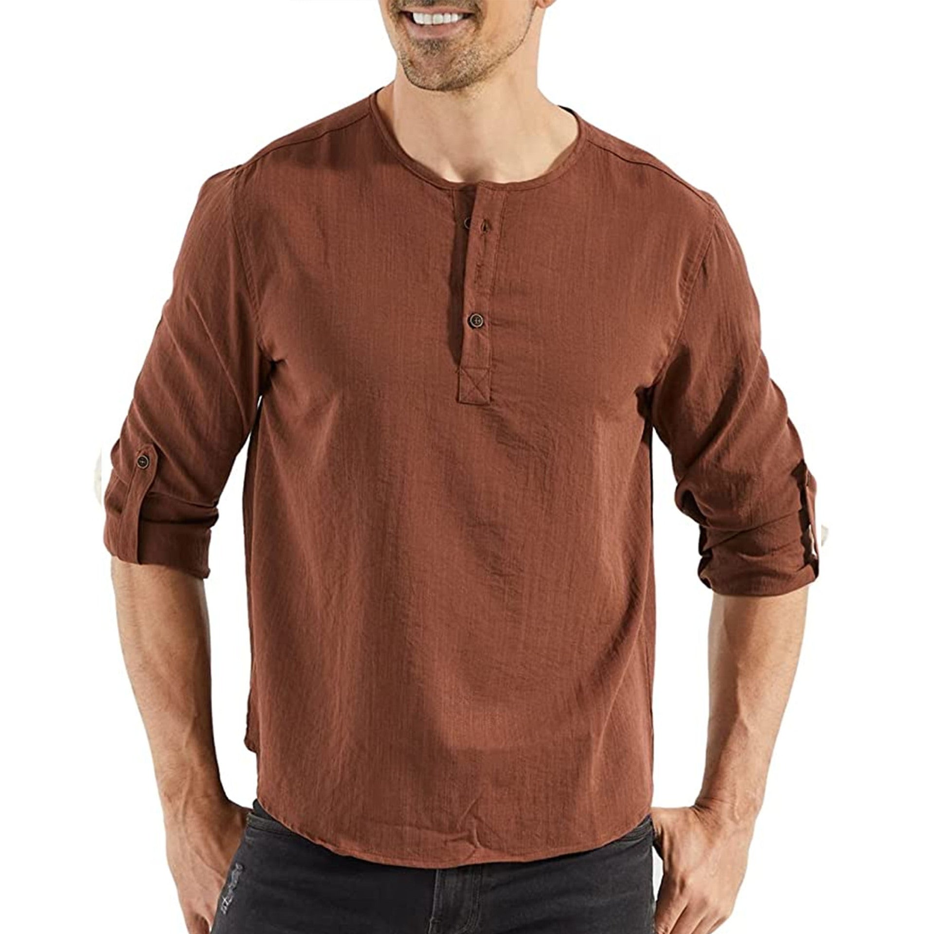 Men's Casual Cotton And Linen Plain Long-sleeved Shirt