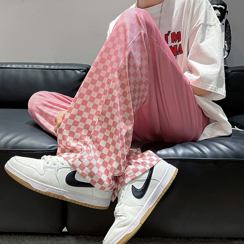 Gradient Color Chessboard Grid Ice Silk Mop Trousers