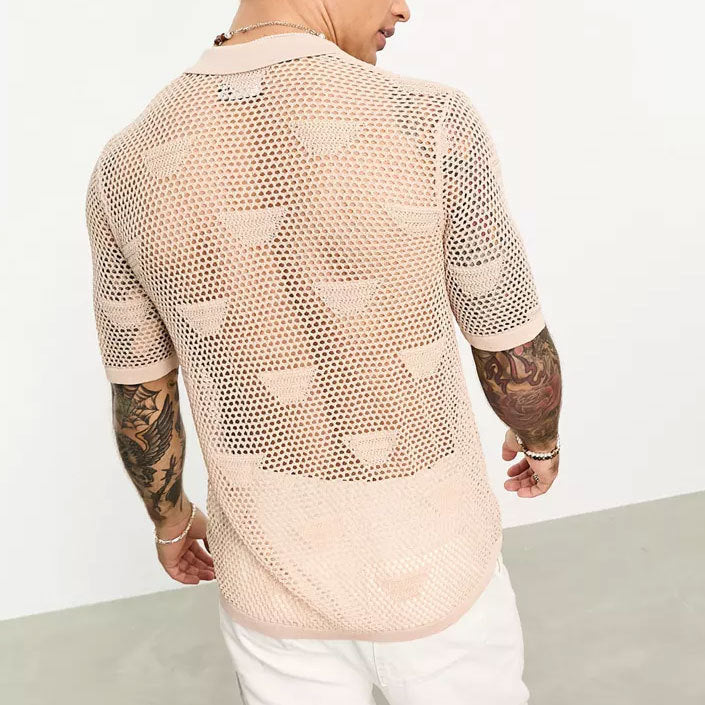 Solid Color Loose Casual Mesh Hollow Out Shirt