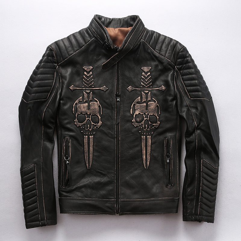 Cowhide Frayed Genuine Leather Jacket Men