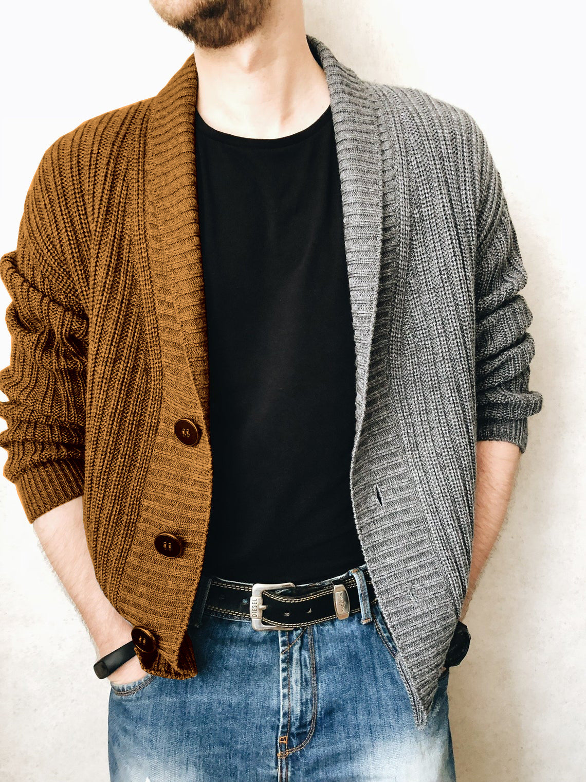 Men's Single-breasted Two-color Stitching Knitted Cardigan Sweater