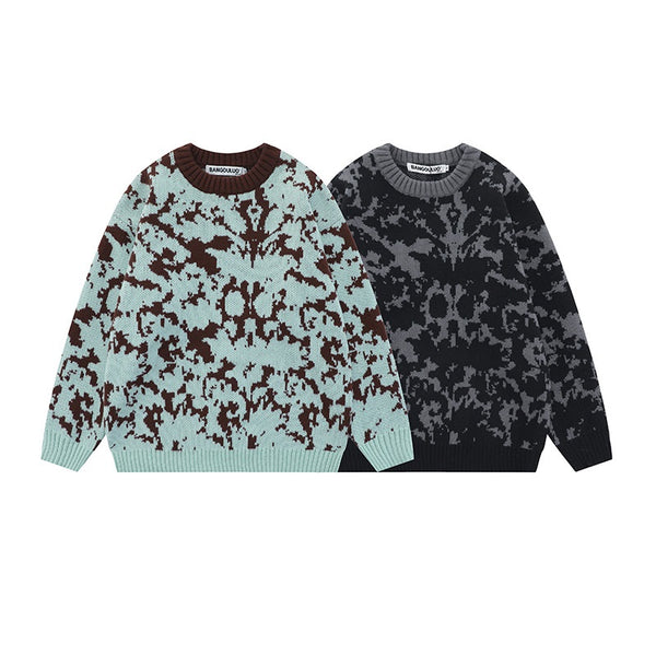 Smoky Rain Dark Contrasting Color Jacquard Knitwear Sweater