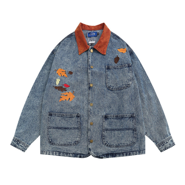 Workwear Leaf Embroidery Contrast Color Lapels Shirt Jacket