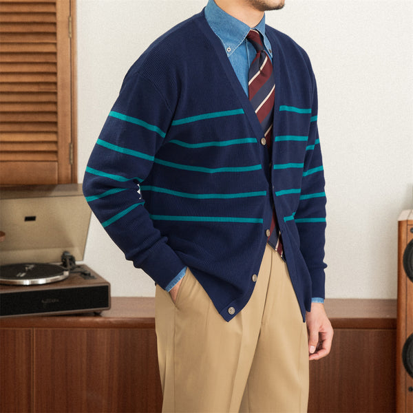 Suéter tipo cárdigan de punto a rayas, informal, versátil, con cuello en V