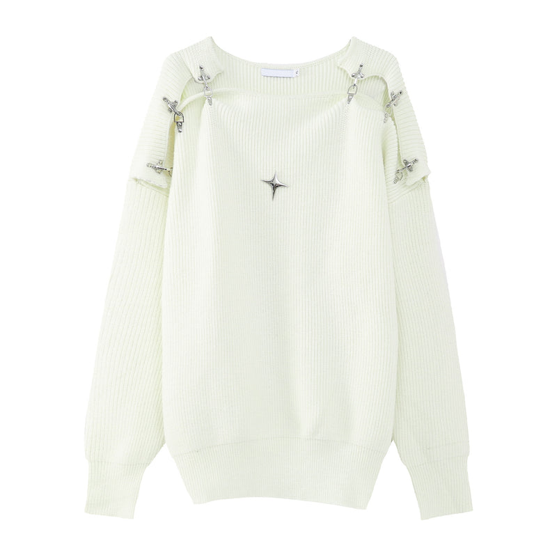 Korean Style Metal Buckle Hollow Design Knitted Sweater