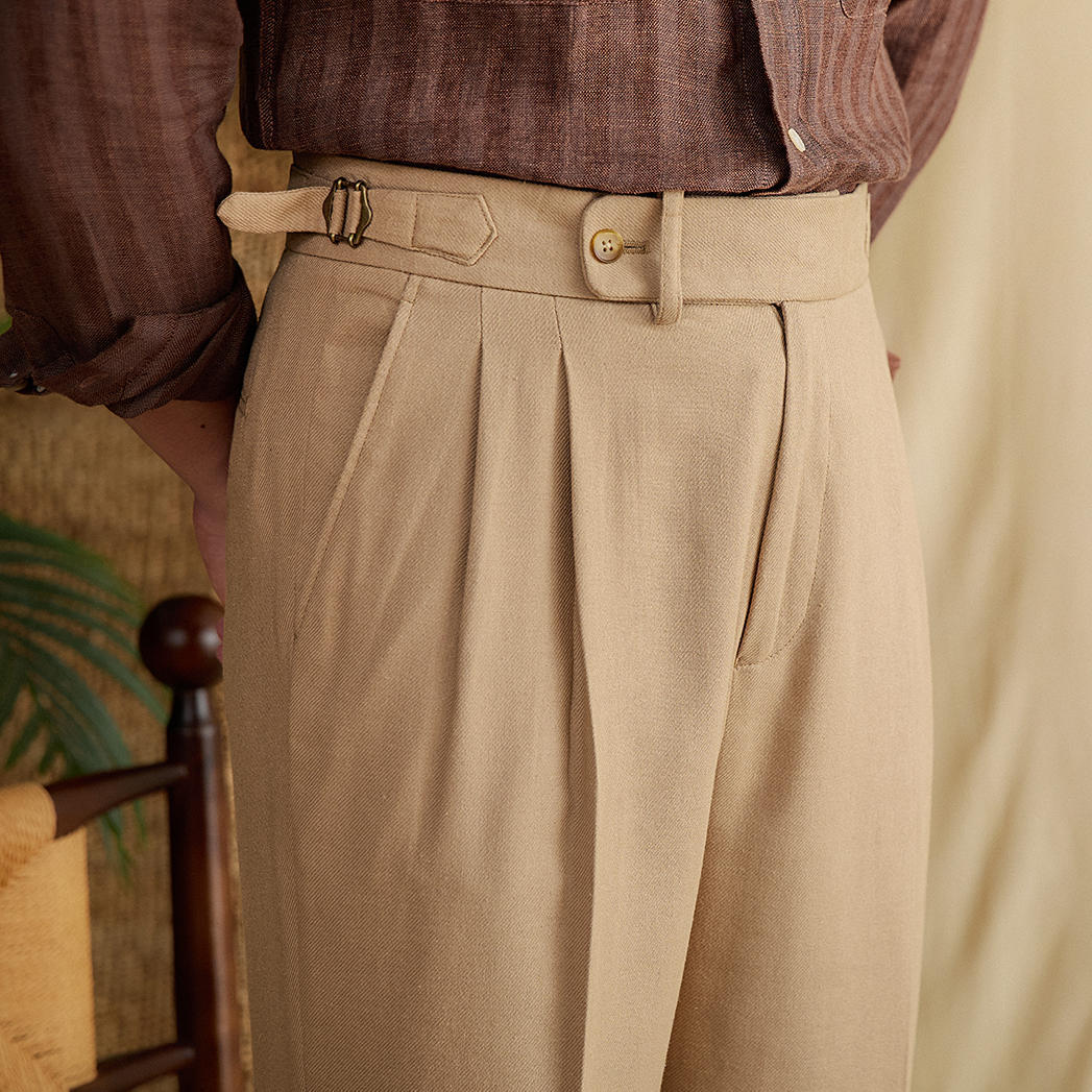 Monaco Linen Double Pleated Straight Fit Trousers