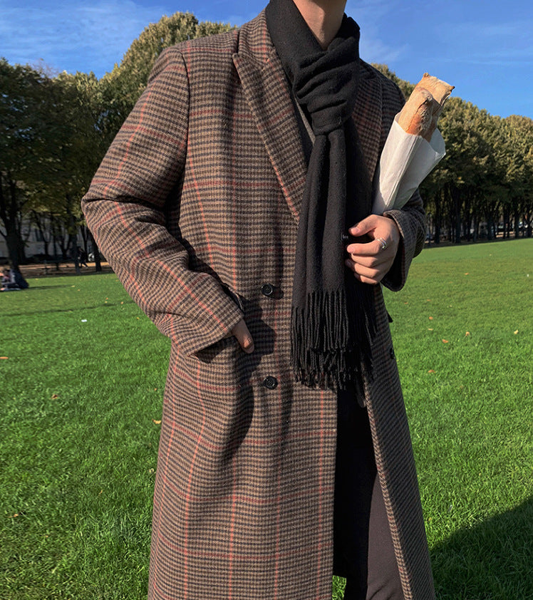 long Woolen Plaid trench Coat men