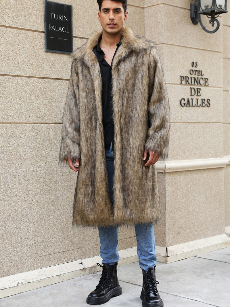 Yellow Lapel Imitation Fox Fur Men's Long Coat