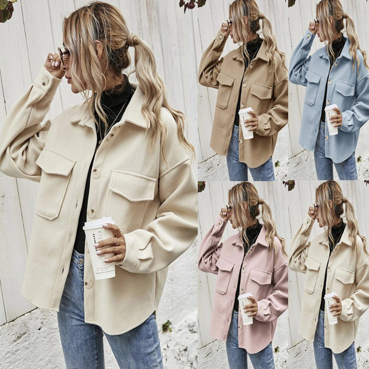 Women Lapel Single-breasted Thickened Solid Color Jacket