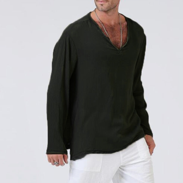 Linen Ethnic Style Loose Men's V-neck Long-sleeved T-shirt