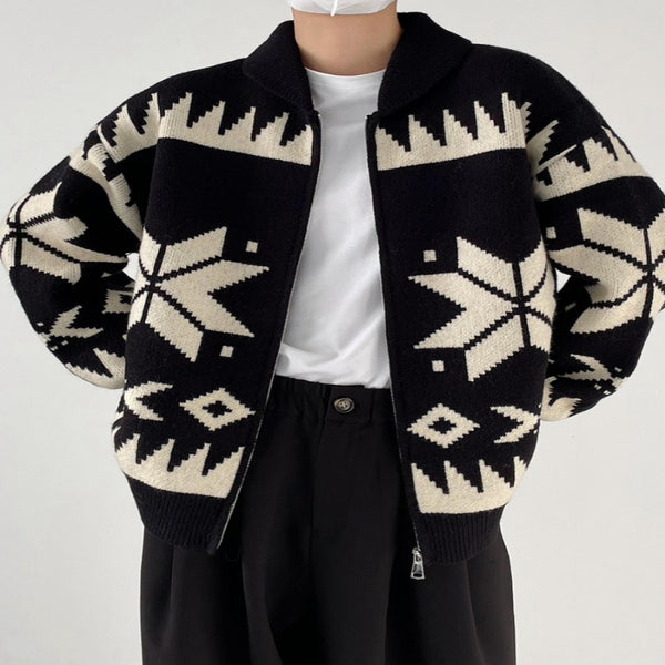 Geometric Contrast Color Lapel Sweater