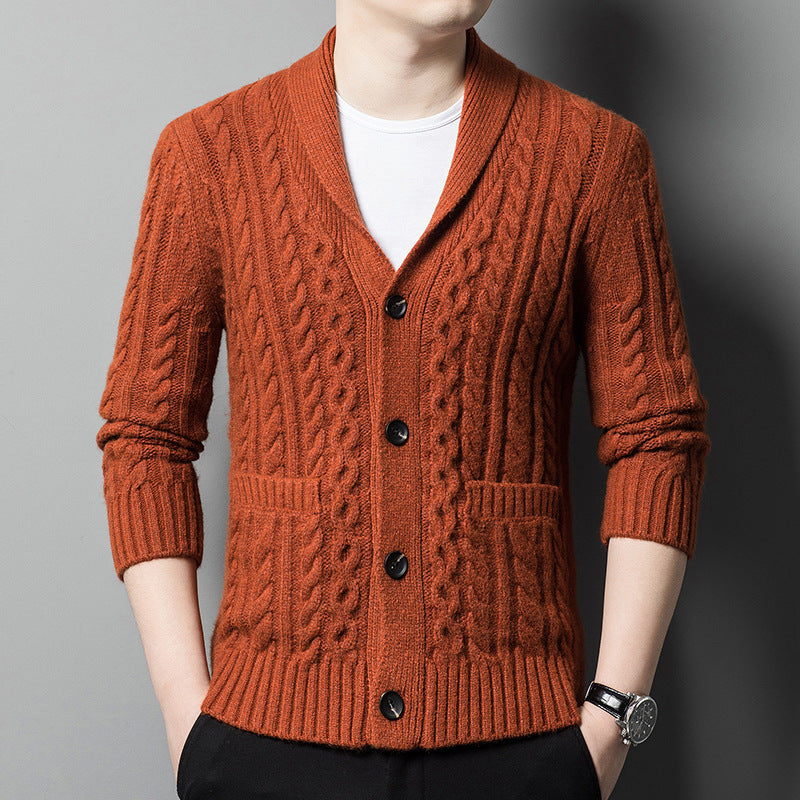 Cardigan lavorato a maglia da uomo, jacquard spesso, maglione monopetto