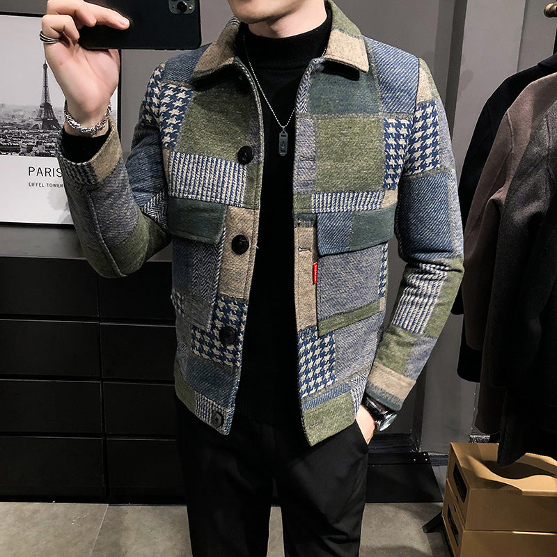 plaid stitching contrast woolen jacket