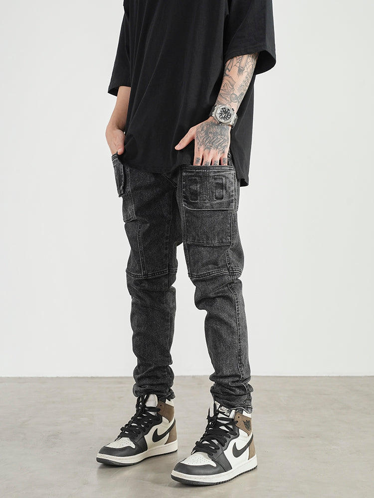 High Street Three-dimensional Pocket Stitching Slim Stretch Jeans Men