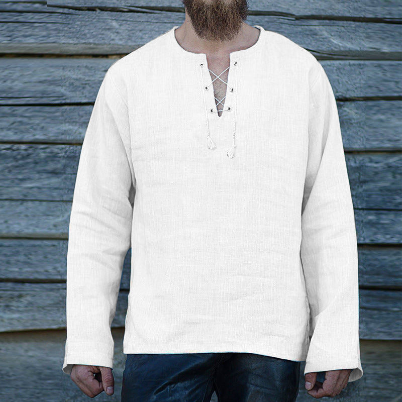 Lace-up Loose V-neck Long-sleeved T-shirt Men