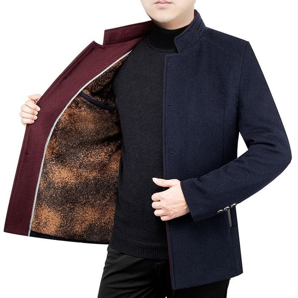 Middle-aged Men's Woolen Coat Velvet Stand Collar Fleece Padded jacket