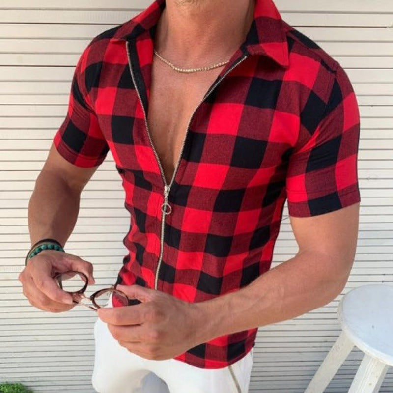 Plaid T Shirt Mens Zipper Summer