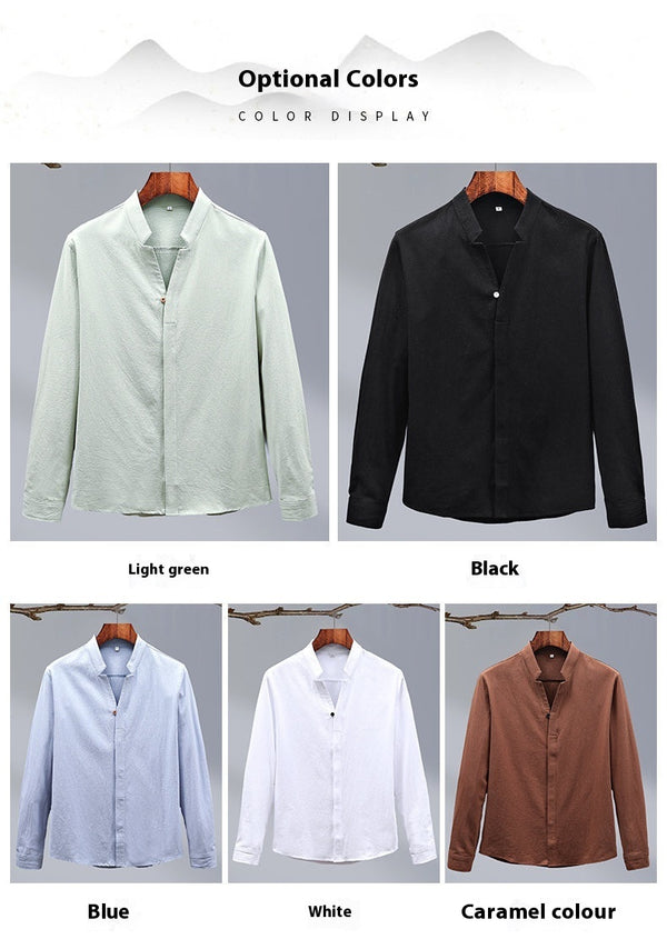 Cotton And Linen Crepe Solid Color Men's Long-sleeved Shirt