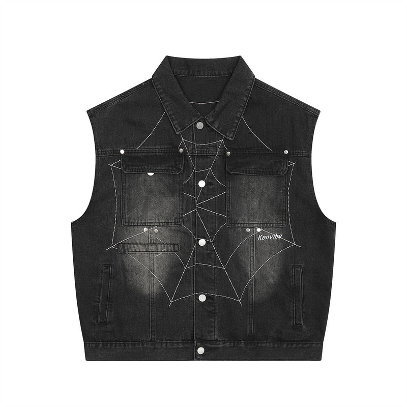 Spider Web Topstitching Loose Waistcoat Lapel Sleeveless Coat