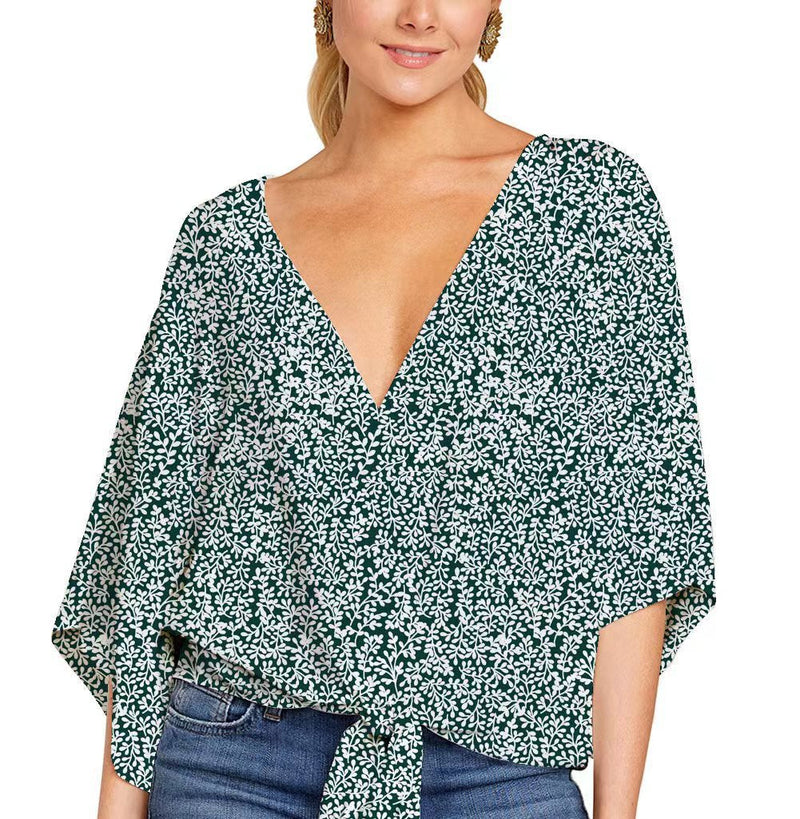 V-Neck Shirt Floral Printed Top Short Sleeve