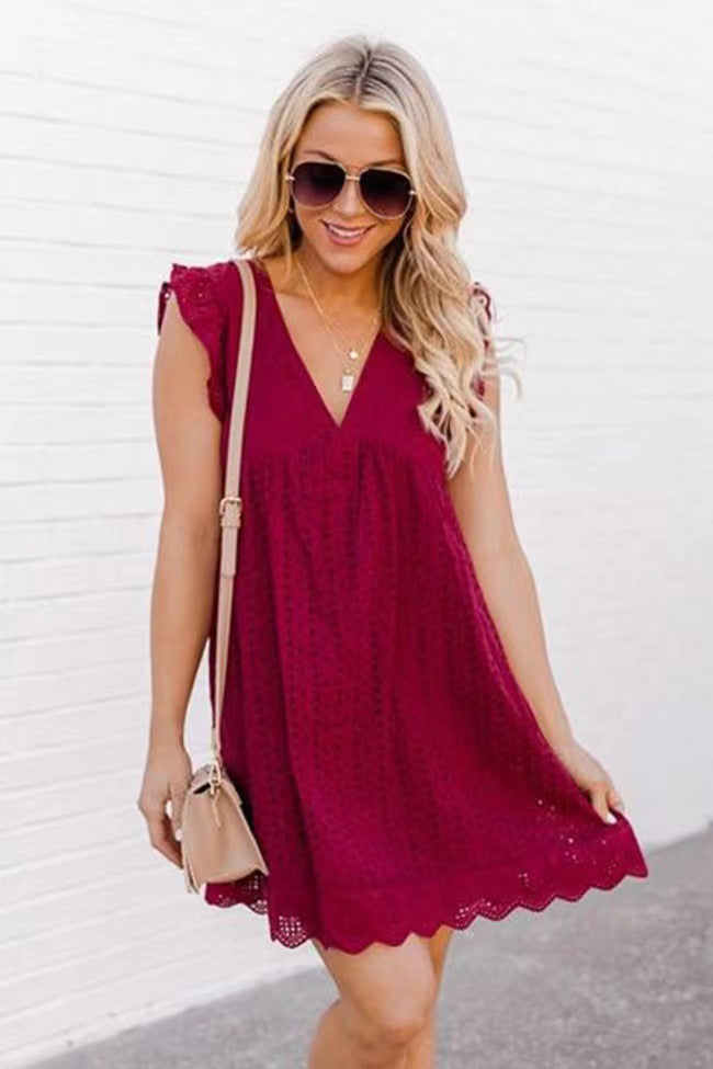 Summer Sleeveless Jacquard Cutout V-Neck Beach Dress