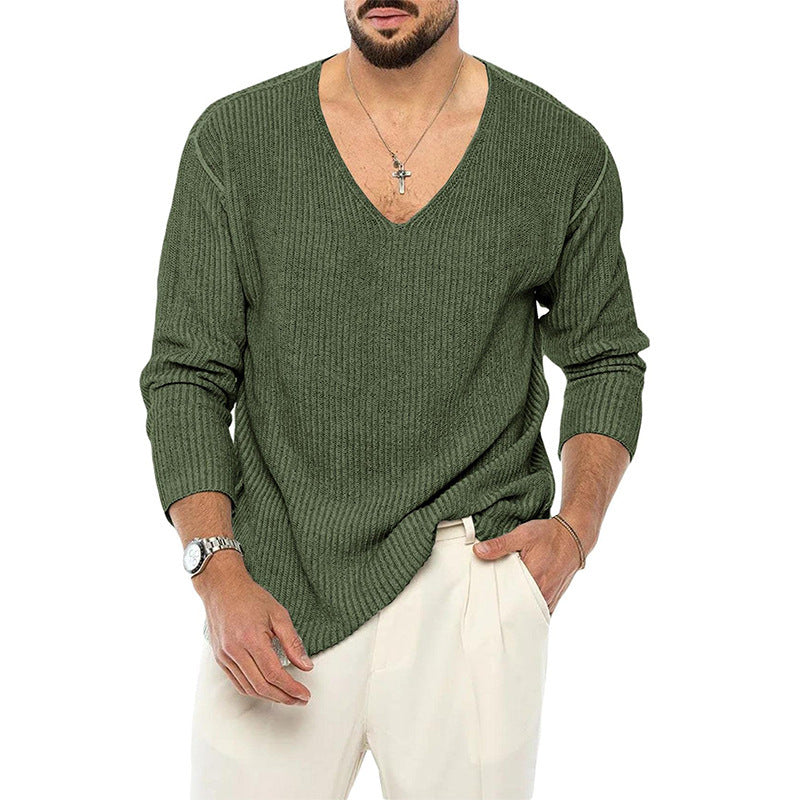 Maglione lavorato a maglia alla moda a maniche lunghe con scollo a V e tinta unita