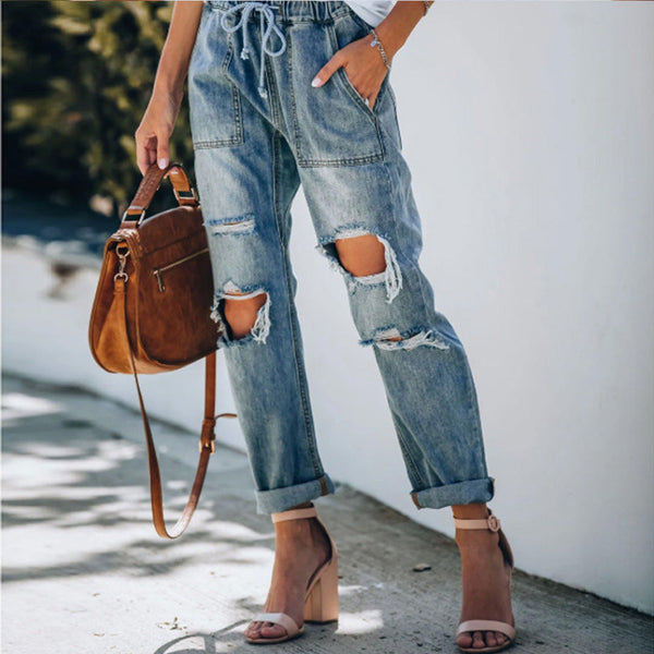 Ripped Lace-Up Denim Trousers