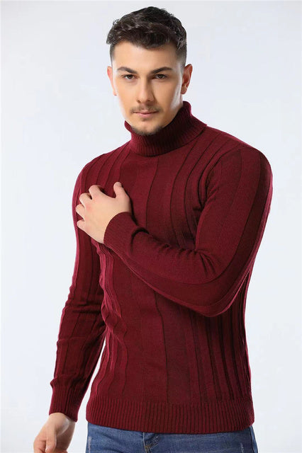 Maglione casual da uomo a collo alto, tinta unita, caldo, a righe