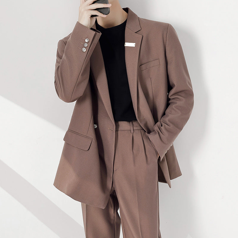 Two-piece Men's Solid Color Loose Stretch Suit