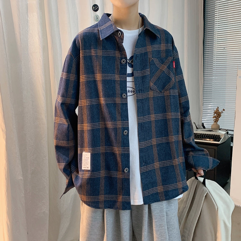 Loose Long Sleeved Plaid shirt jacket men