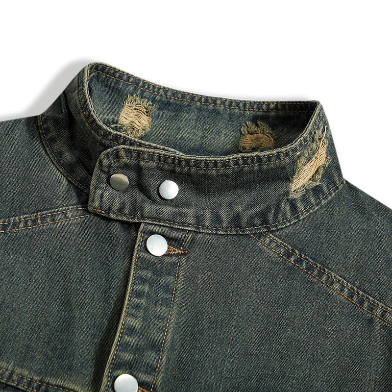 High Street Hole Stand Collar Denim Jacket