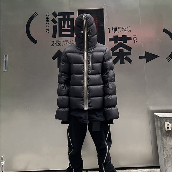 Dark Long Zipper Hooded Down Jacket