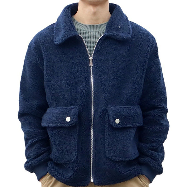 Chaqueta de lana de cordero con doble bolsillo y color liso para hombre