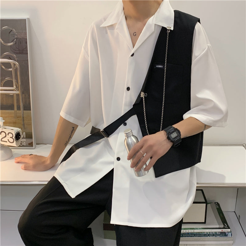 White Design Shirt Men's Vest Stitching Personality Contrast Color shirt