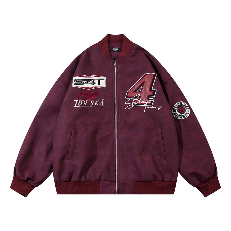 Letter Affixed Embroidered Loose Pu Leather Baseball Uniform jacket