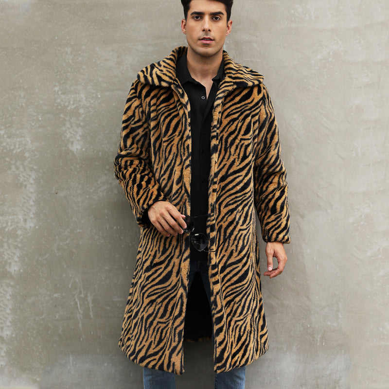 Men's Square Collar Imitation Fur Long Coat Overcoat