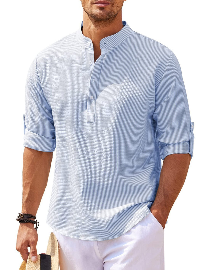 Men's Casual Long Sleeve Stand Collar Solid Color Shirt