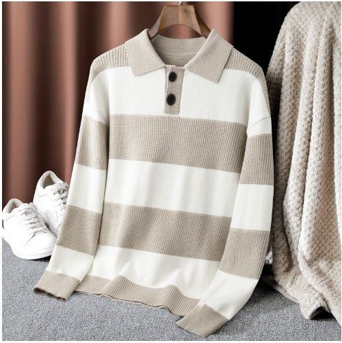 Contrast Color Striped Lapel Sweater Men's