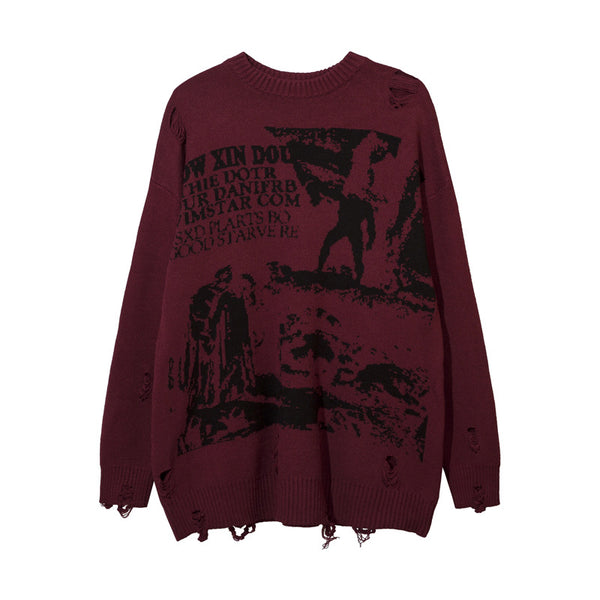 American Street Retro Graffiti Character Brocade Sweater