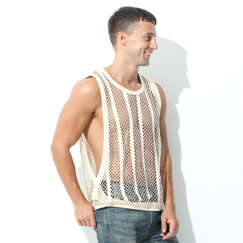 Wide-brimmed Exercise Sleeveless Fishnet Striped Vest men