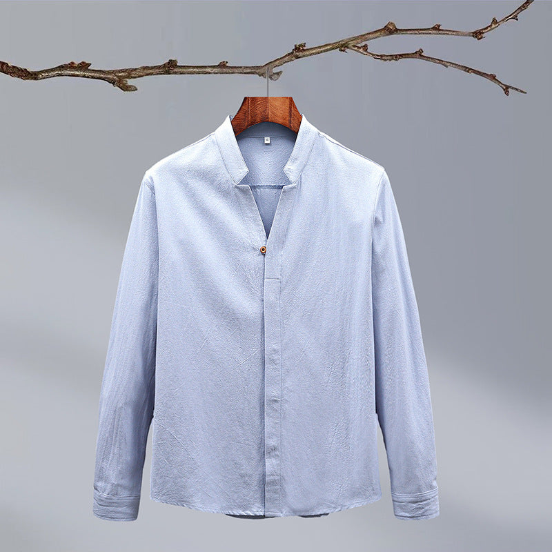 Cotton And Linen Crepe Solid Color Men's Long-sleeved Shirt